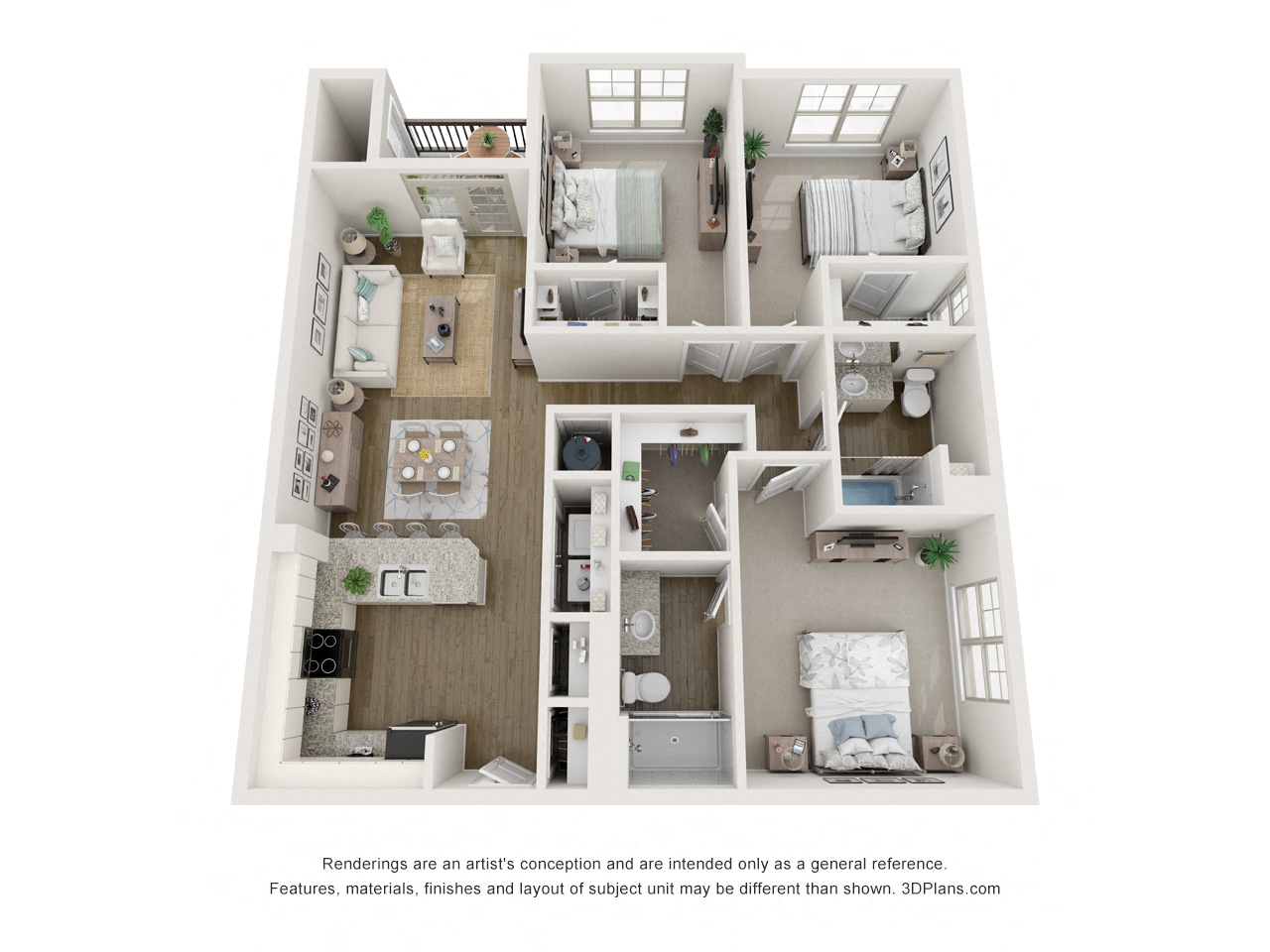 Floor plan for 3 beds, 2 baths, 1258 sqft